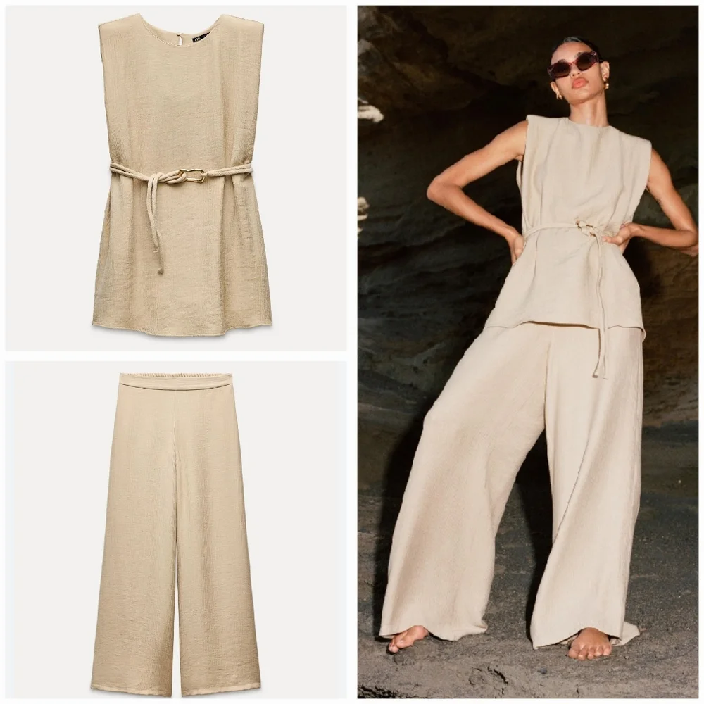 Zara Set 2 Pc belted Top and Wide Pants Size S